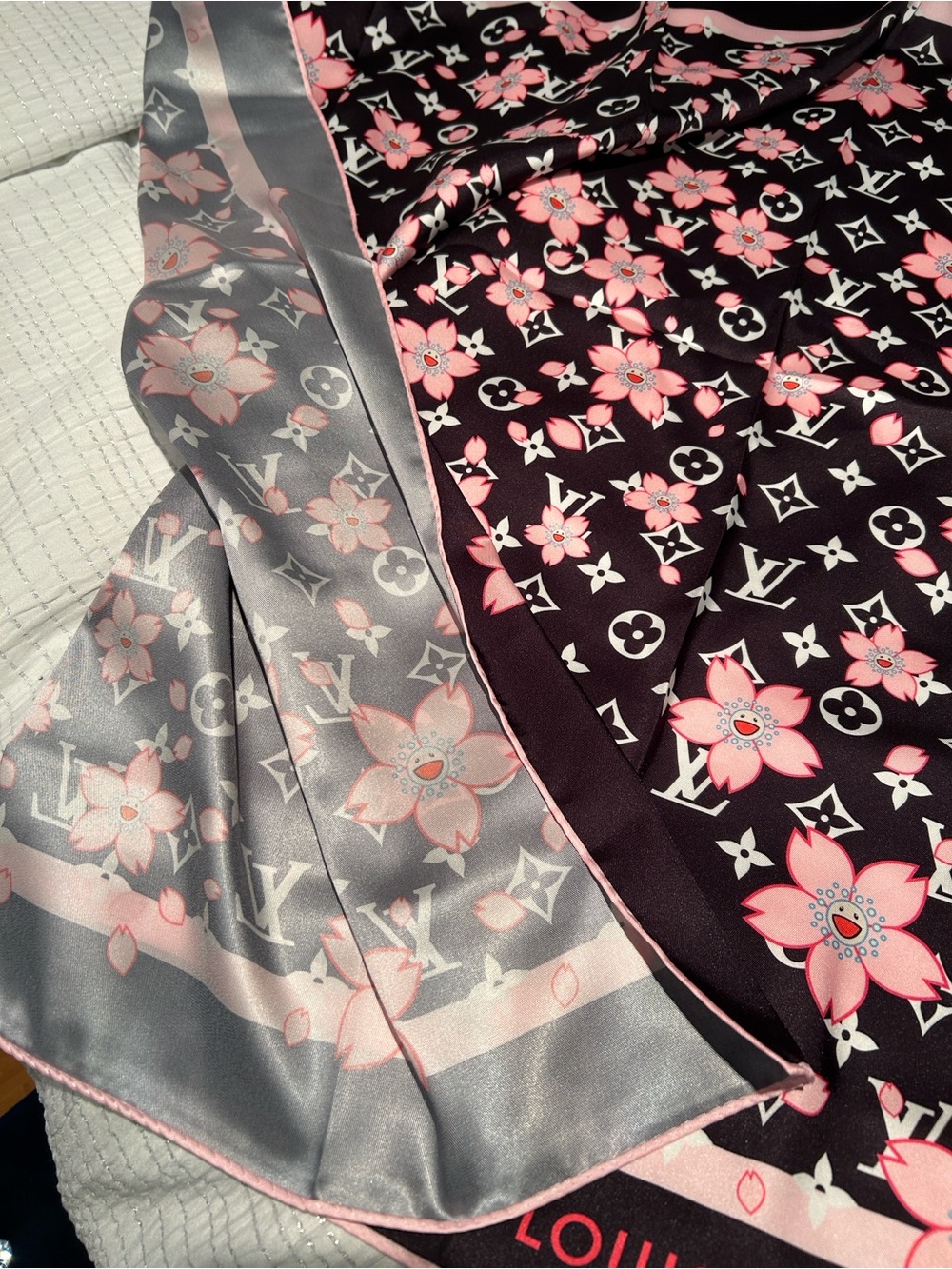 Louis Vuitton Black & Pink Monogram Floral Silk Scarf with Silver Accents - Picture 4 of 4